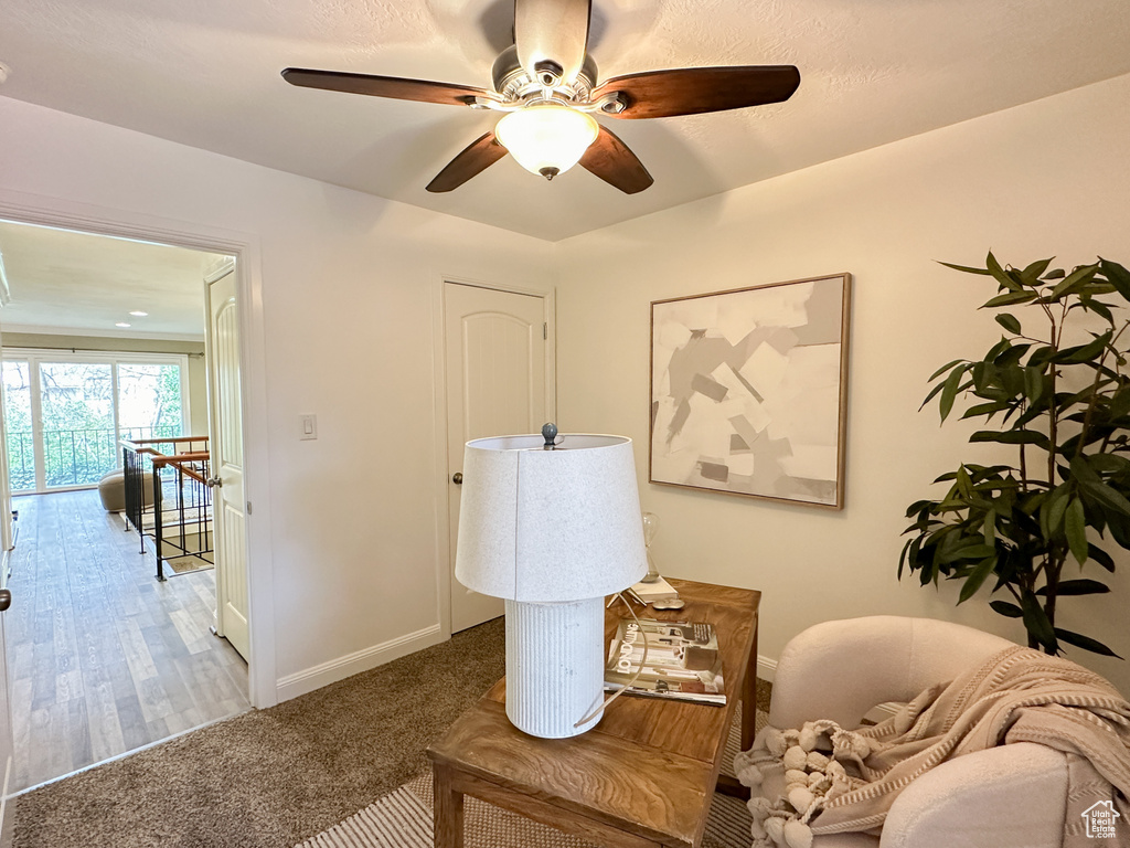 Living area featuring ceiling fan and dark carpet