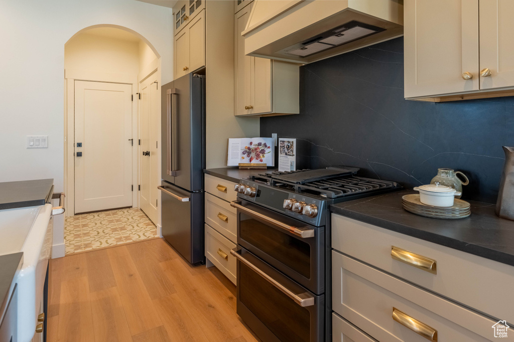 Kitchen featuring light hardwood / wood-style flooring, custom range hood, backsplash, and premium appliances