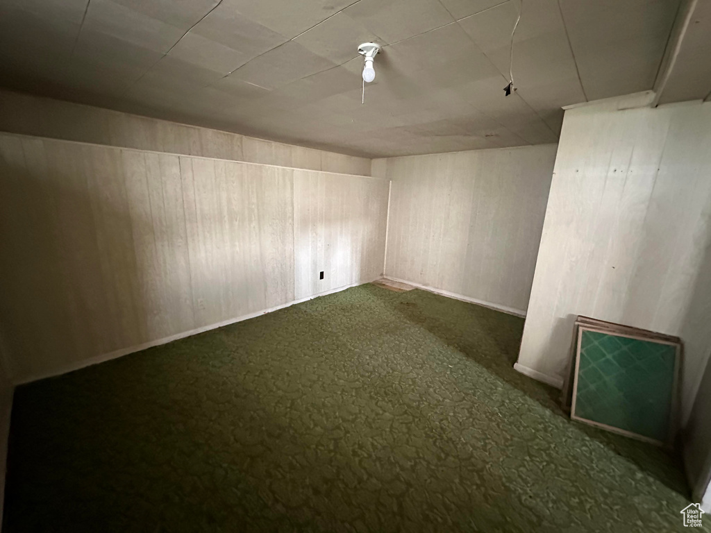 Spare room with wood walls and dark colored carpet