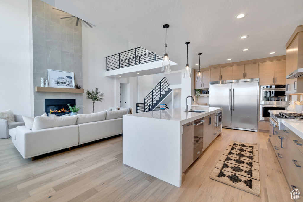 Kitchen with light brown cabinets, light wood-type flooring, an island with sink, stainless steel appliances, and sink