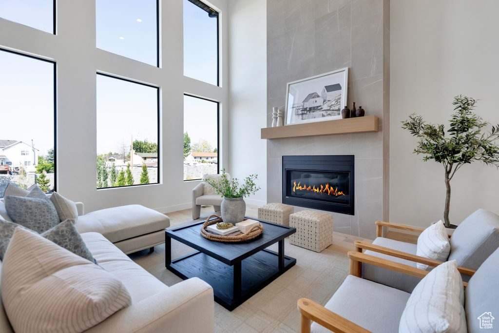 Living room featuring a large fireplace