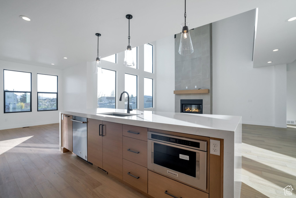Kitchen featuring light hardwood / wood-style flooring, stainless steel appliances, a large fireplace, and decorative light fixtures