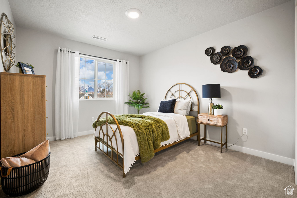 Carpeted bedroom featuring a textured ceiling