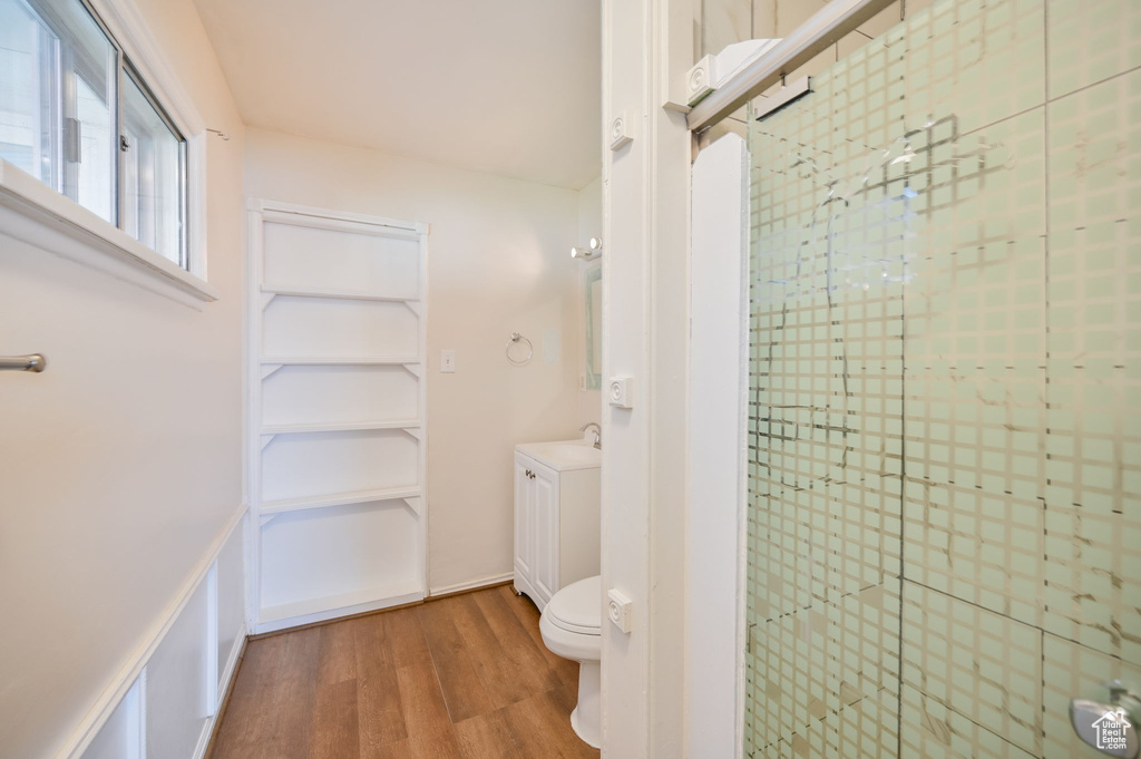 Bathroom with hardwood / wood-style floors, vanity, toilet, and a shower with shower door