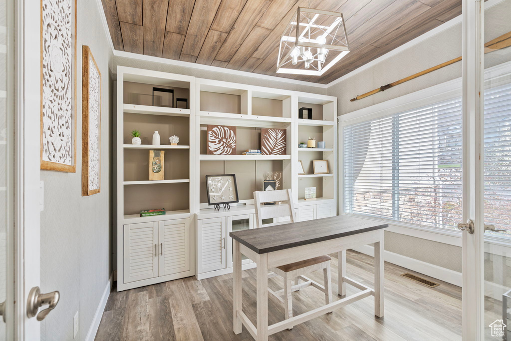 Office space featuring wood ceiling, a healthy amount of sunlight, and light hardwood / wood-style floors