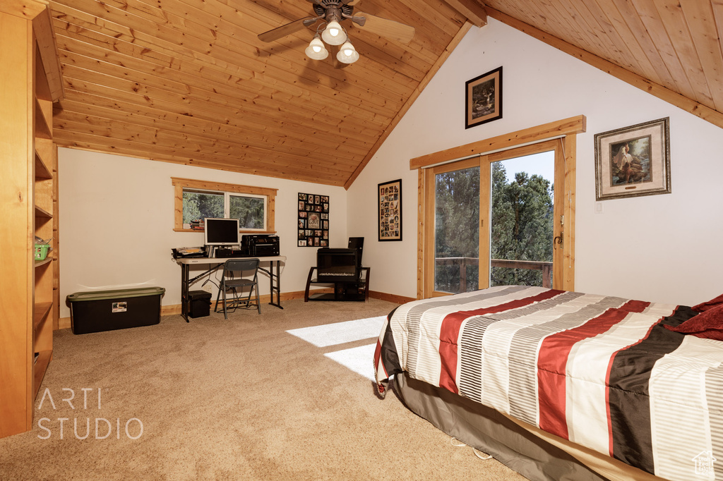 Carpeted bedroom with wood ceiling, beam ceiling, ceiling fan, and high vaulted ceiling
