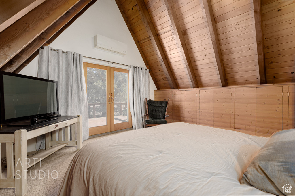 Carpeted bedroom featuring french doors, access to exterior, lofted ceiling with beams, an AC wall unit, and wood ceiling