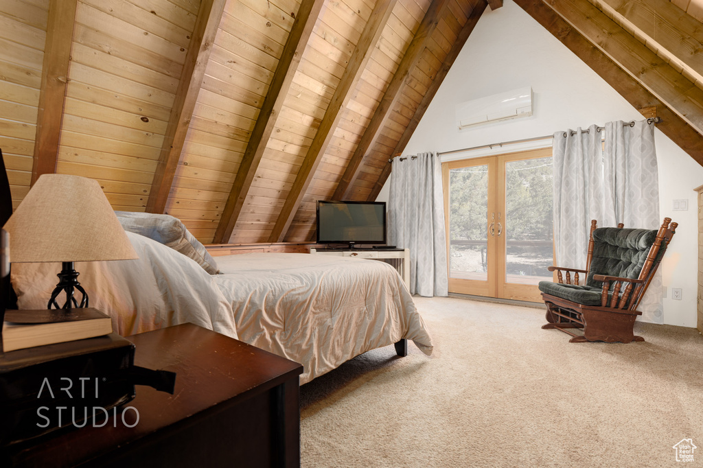 Carpeted bedroom featuring french doors, wood ceiling, beam ceiling, and access to exterior