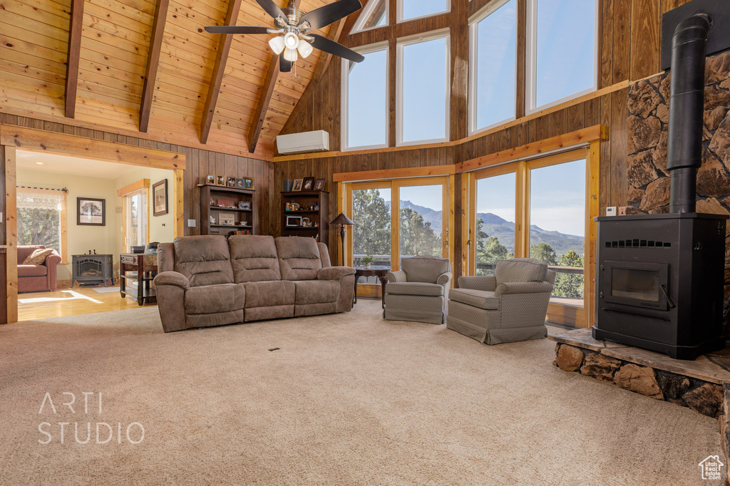 Carpeted living room featuring a mountain view, a wood stove, and high vaulted ceiling