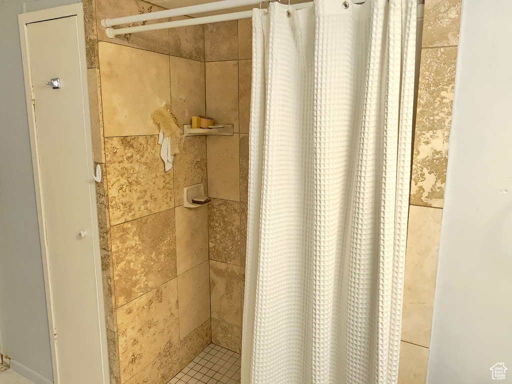 Bathroom with wood-type flooring and a shower with shower curtain
