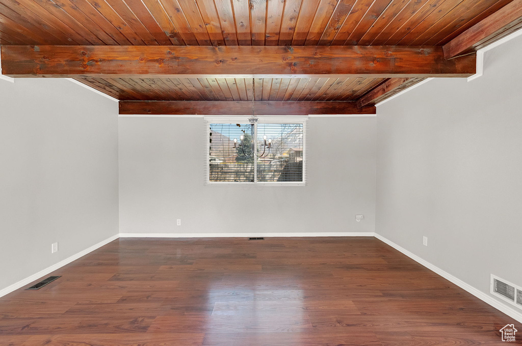Empty room with beamed ceiling, wooden ceiling, and dark hardwood / wood-style flooring