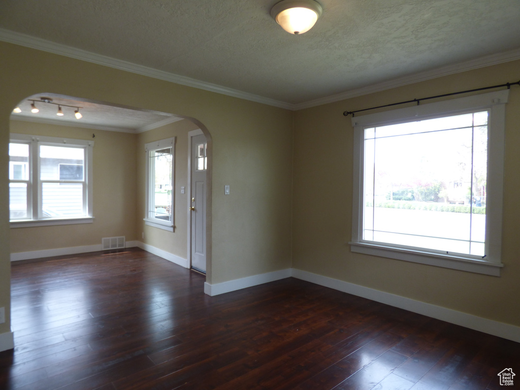 Empty room featuring plenty of natural light, dark wood-type flooring, crown molding, and a textured ceiling