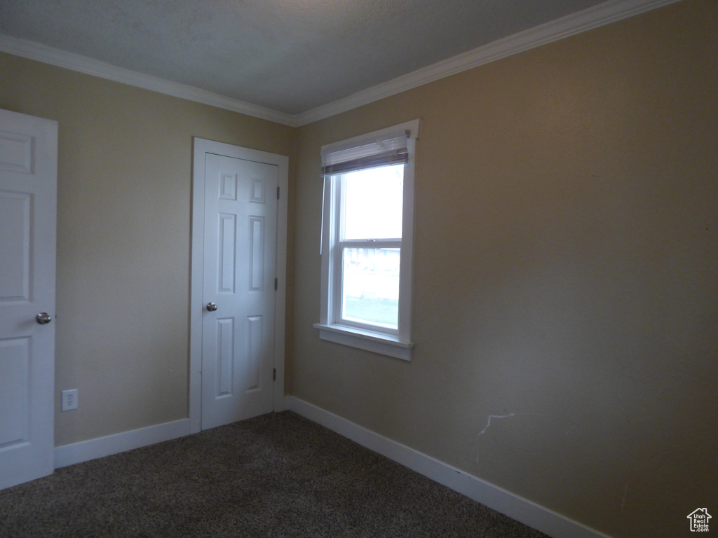 Unfurnished bedroom with carpet floors and crown molding