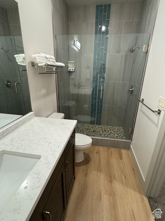 Bathroom featuring an enclosed shower, hardwood / wood-style flooring, toilet, and vanity