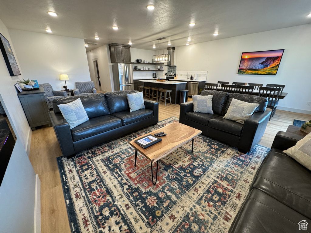 Living room featuring rail lighting and light hardwood / wood-style floors