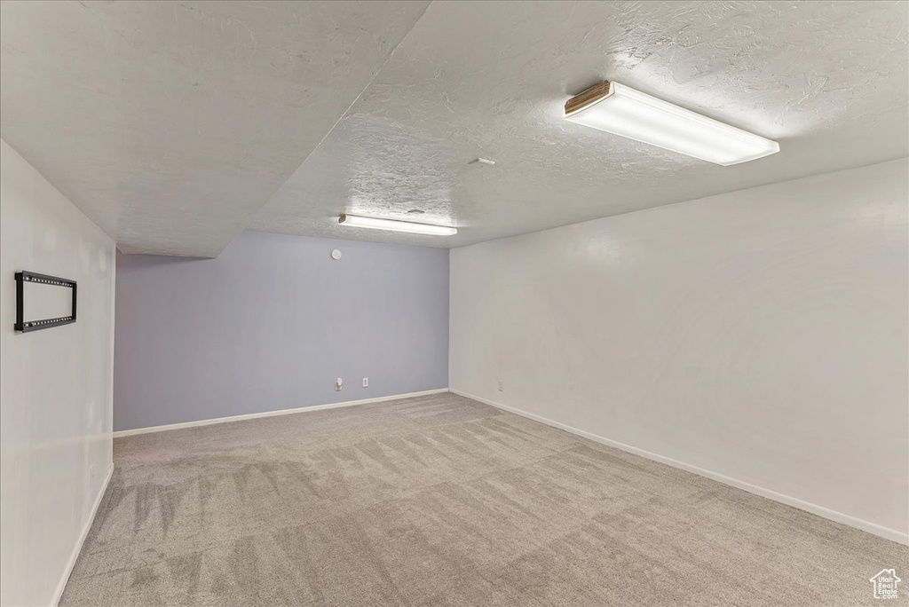 Basement featuring light colored carpet and a textured ceiling