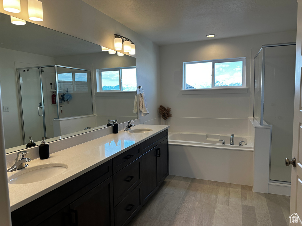 Bathroom with dual bowl vanity, a healthy amount of sunlight, separate shower and tub, and hardwood / wood-style floors