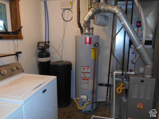 Utility room with water heater and washer and dryer