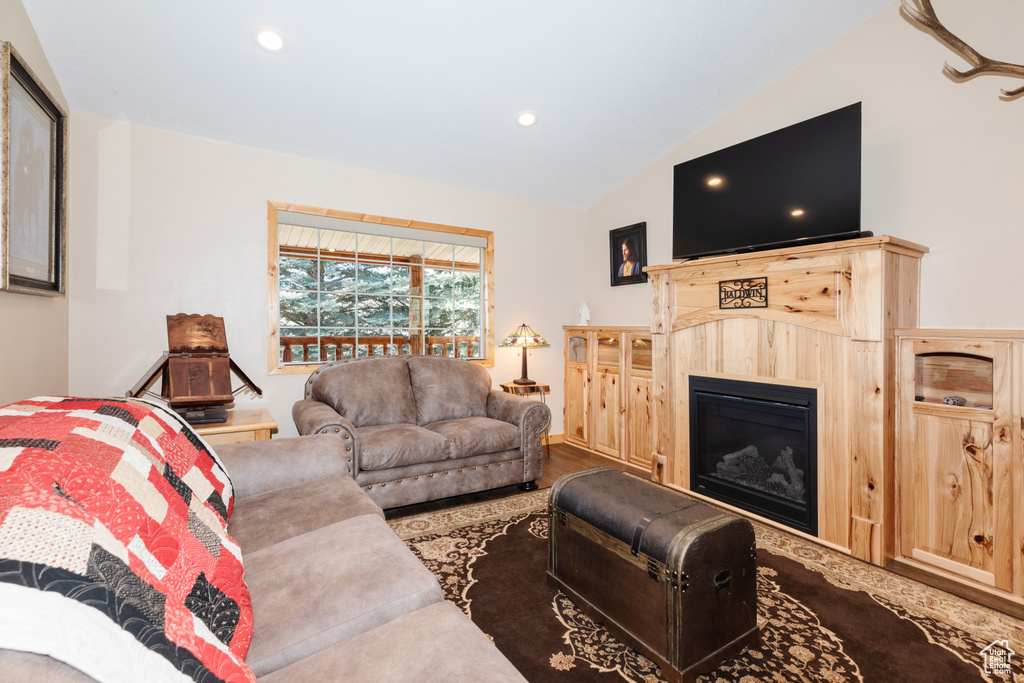 Living room featuring lofted ceiling and dark hardwood / wood-style flooring
