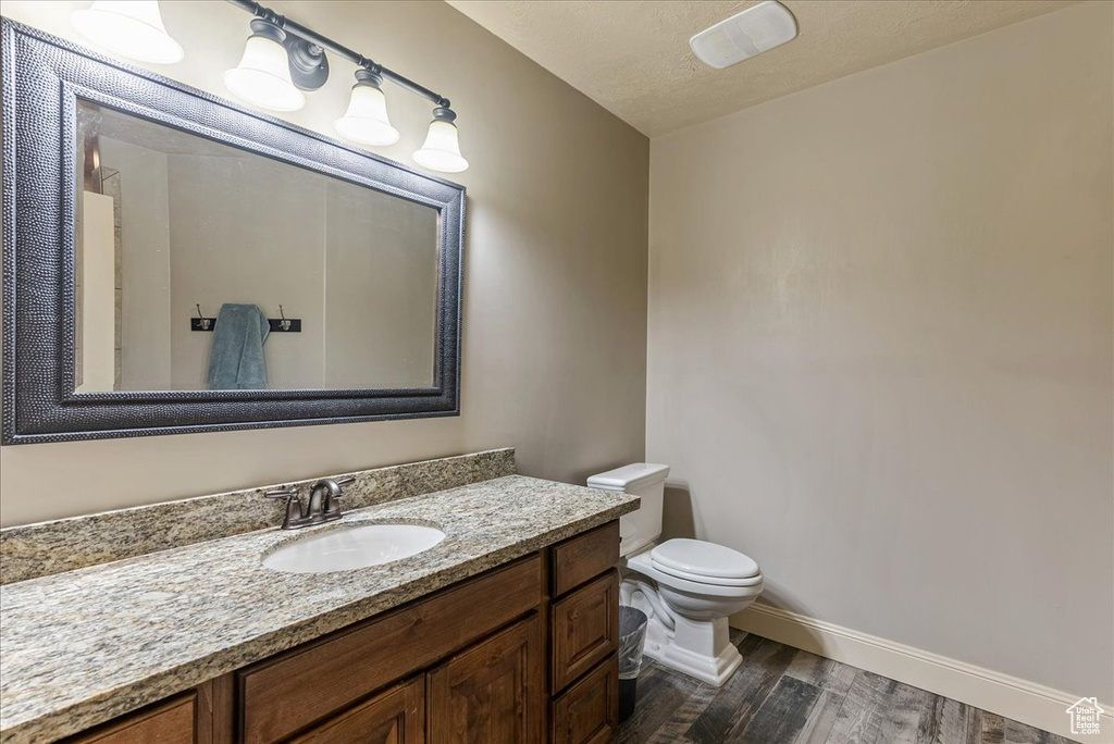 Bathroom with vanity, hardwood / wood-style flooring, and toilet