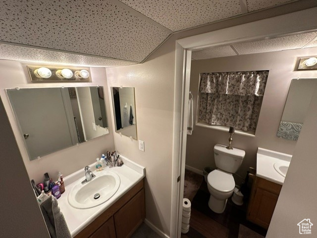 Bathroom with vaulted ceiling, vanity, and toilet