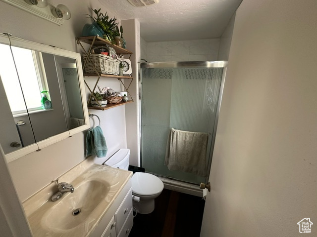 Bathroom featuring walk in shower, vanity with extensive cabinet space, and toilet