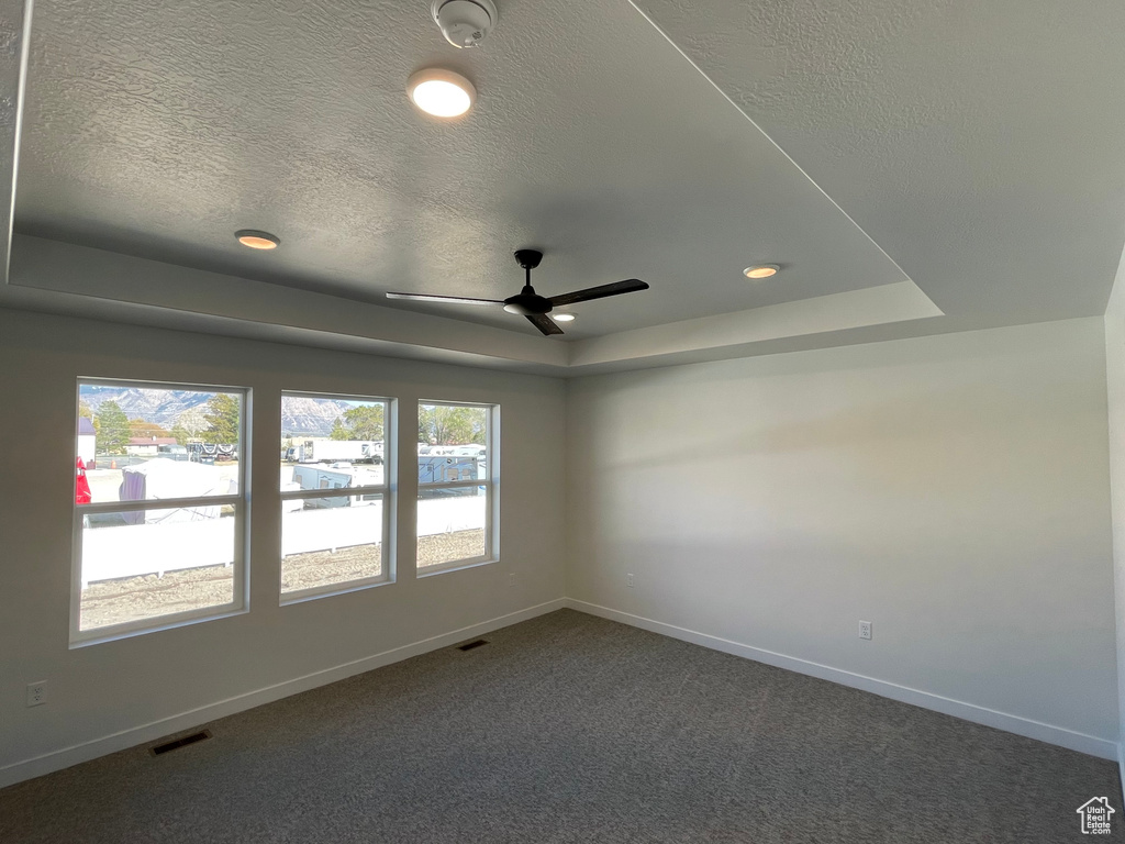 Unfurnished room featuring a textured ceiling, a raised ceiling, ceiling fan, and carpet floors