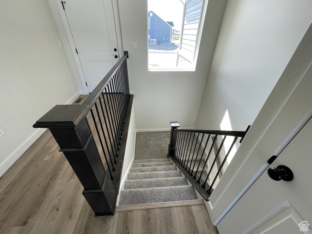 Stairway with hardwood / wood-style floors