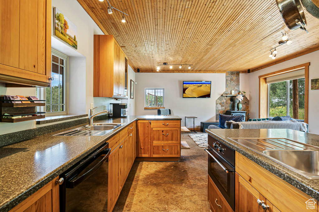 Kitchen featuring a wealth of natural light, rail lighting, black appliances, and wooden ceiling