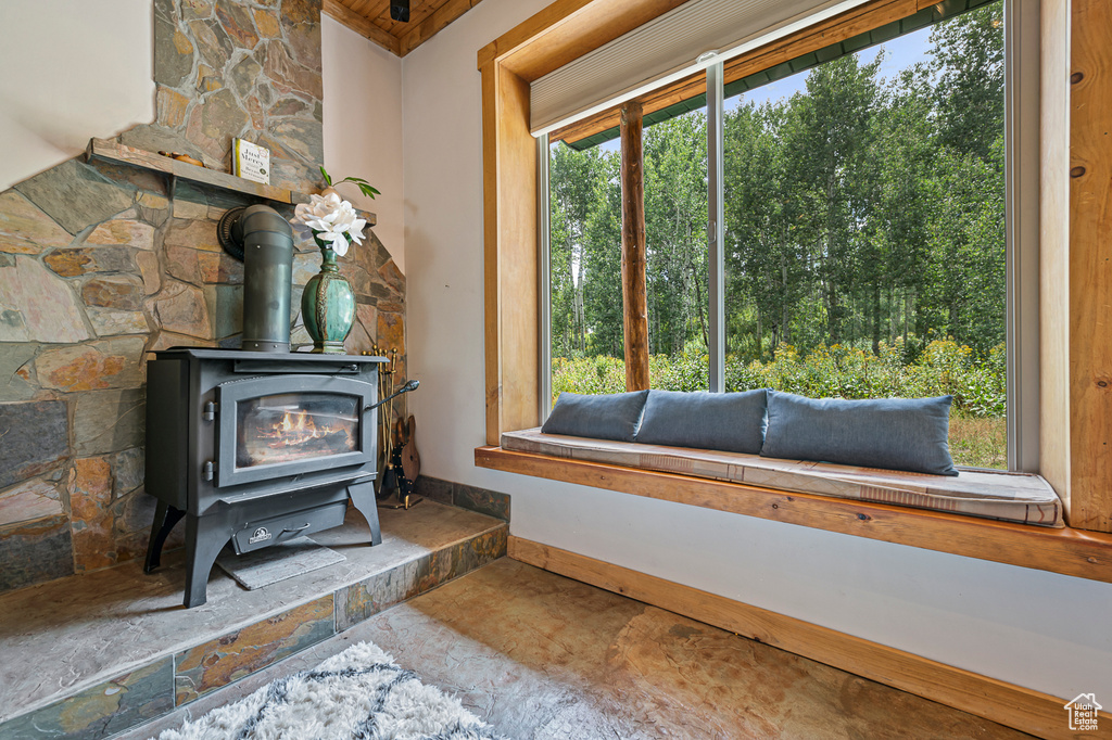 Living room featuring a wood stove