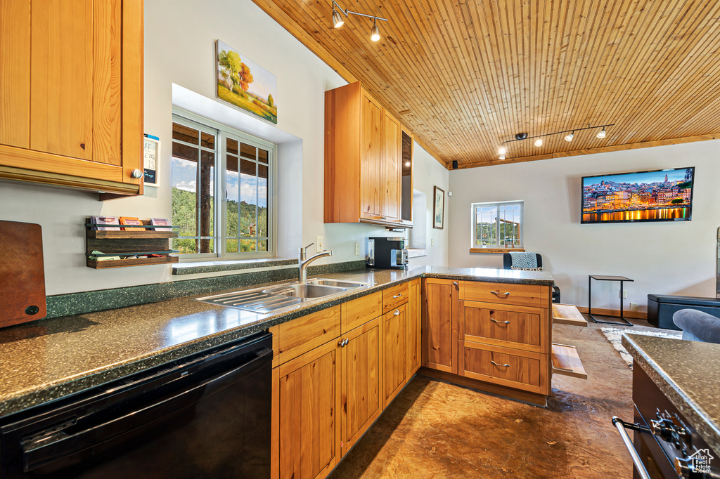 Kitchen featuring kitchen peninsula, sink, wood ceiling, dishwasher, and track lighting
