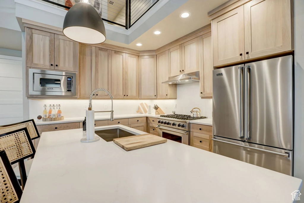 Kitchen featuring high end appliances, light brown cabinets, and sink