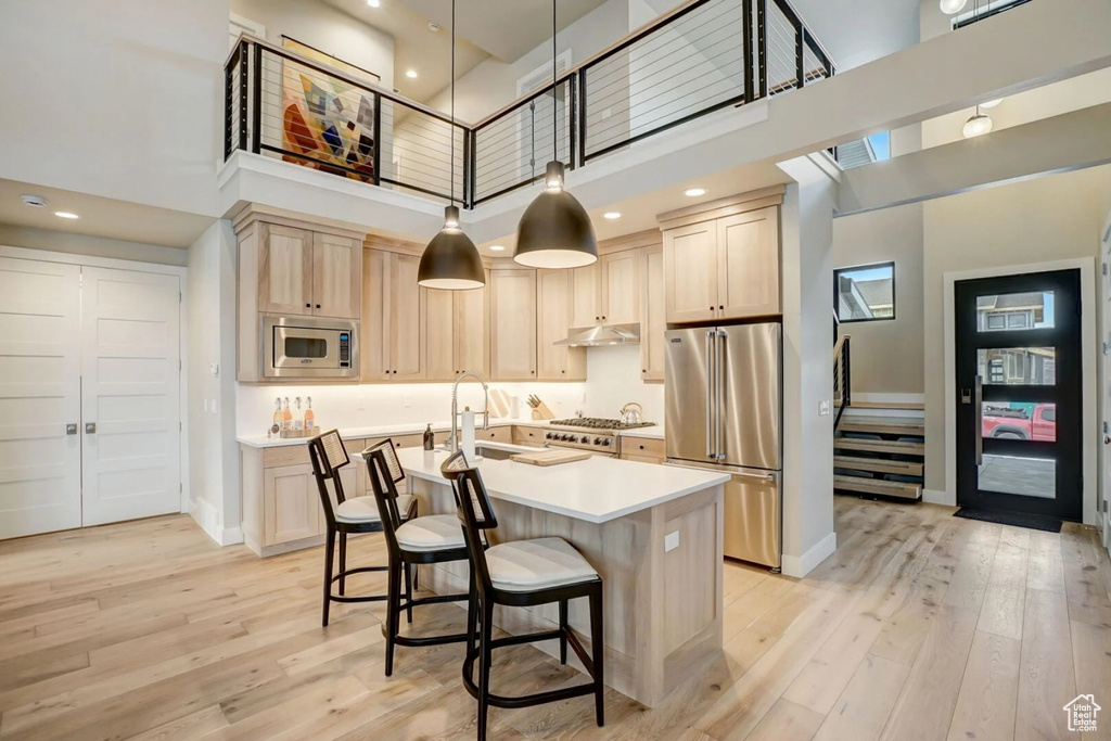 Kitchen with a high ceiling, an island with sink, light hardwood / wood-style flooring, and appliances with stainless steel finishes