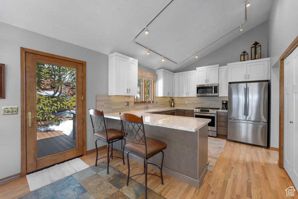 Kitchen featuring light hardwood / wood-style floors, tasteful backsplash, rail lighting, and stainless steel appliances