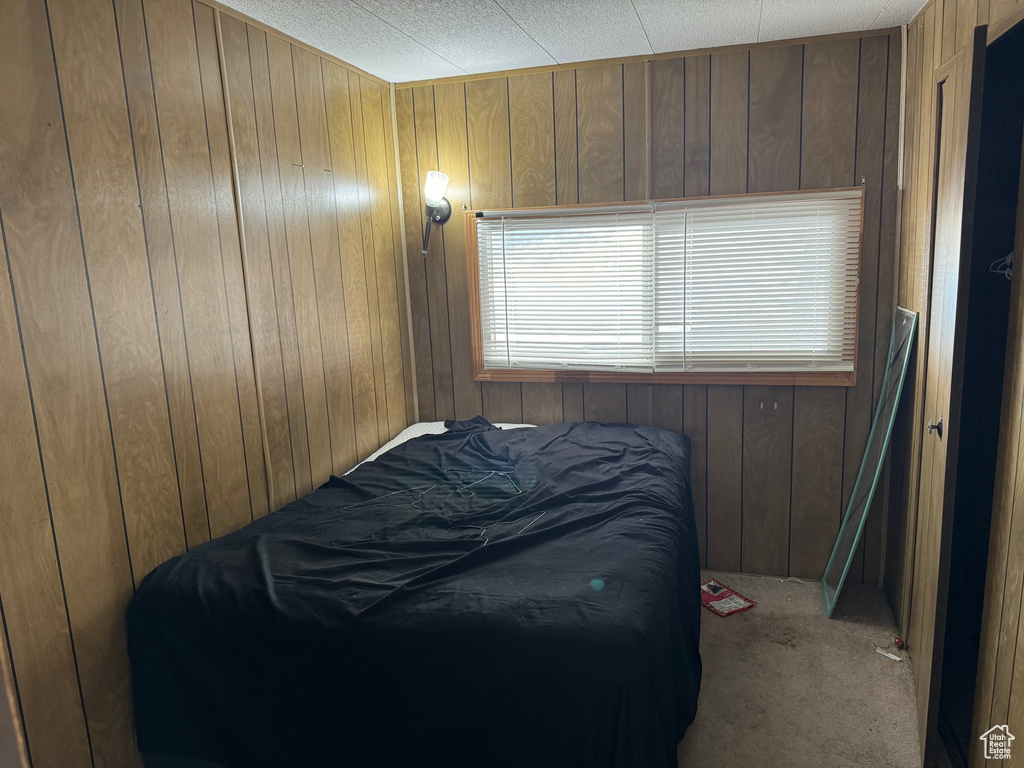 Bedroom with wood walls and carpet flooring