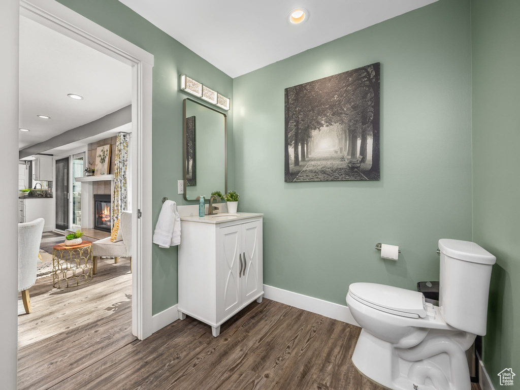 Bathroom featuring toilet, vanity, a tile fireplace, and hardwood / wood-style flooring