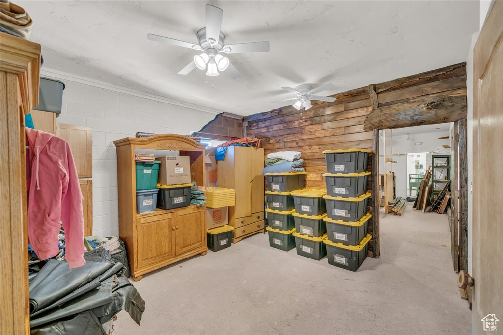 Storage area with ceiling fan