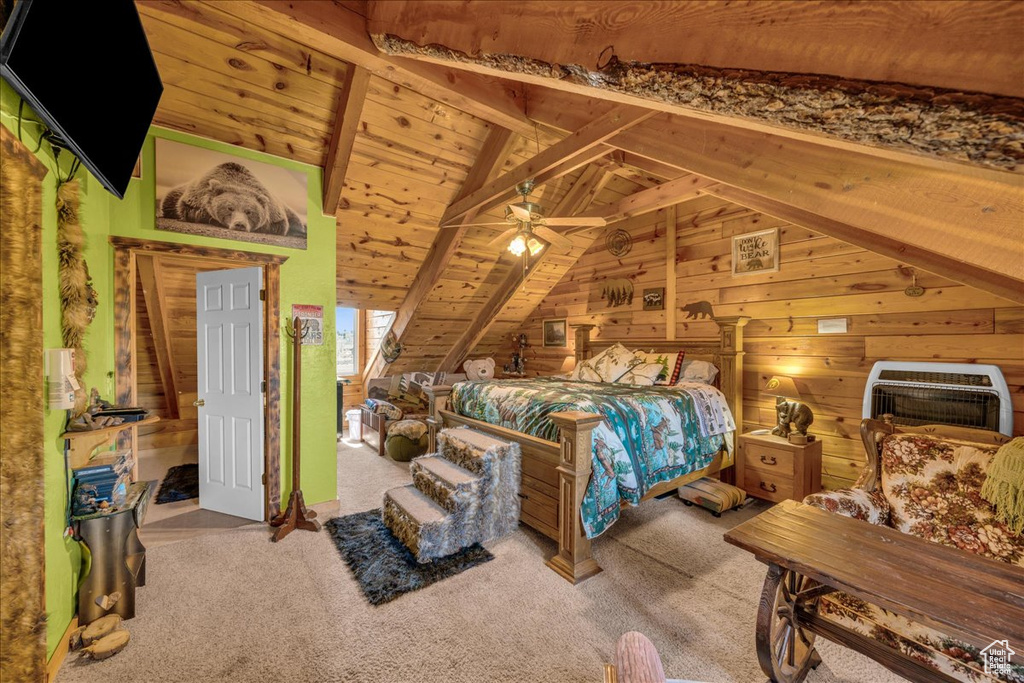 Bedroom with light carpet, wooden ceiling, wood walls, and vaulted ceiling with beams