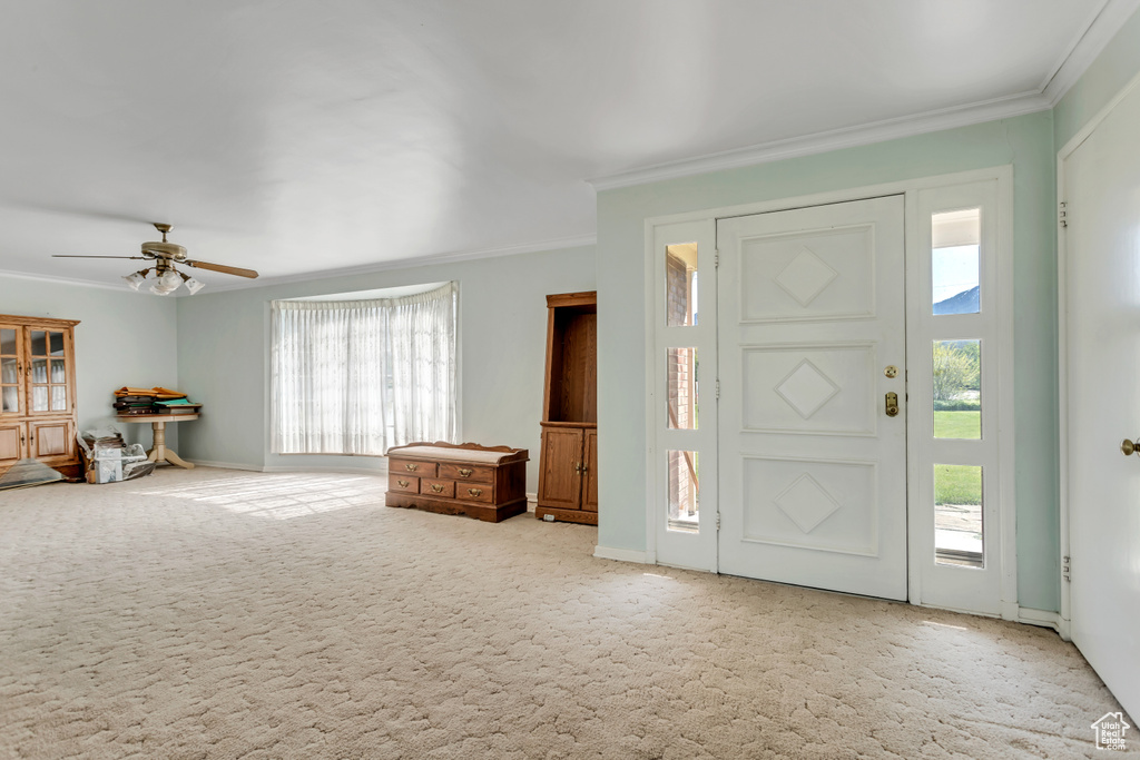 Carpeted foyer with ornamental molding and ceiling fan