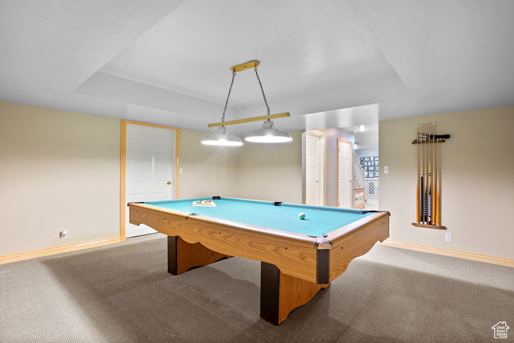Recreation room with dark colored carpet, pool table, and a raised ceiling