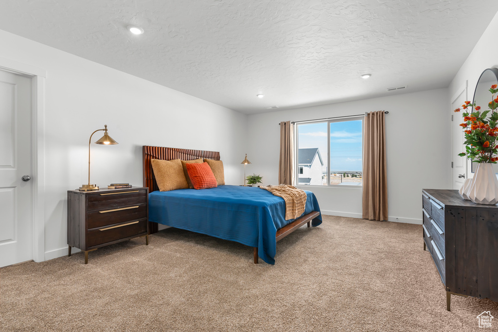Bedroom with a textured ceiling and carpet floors