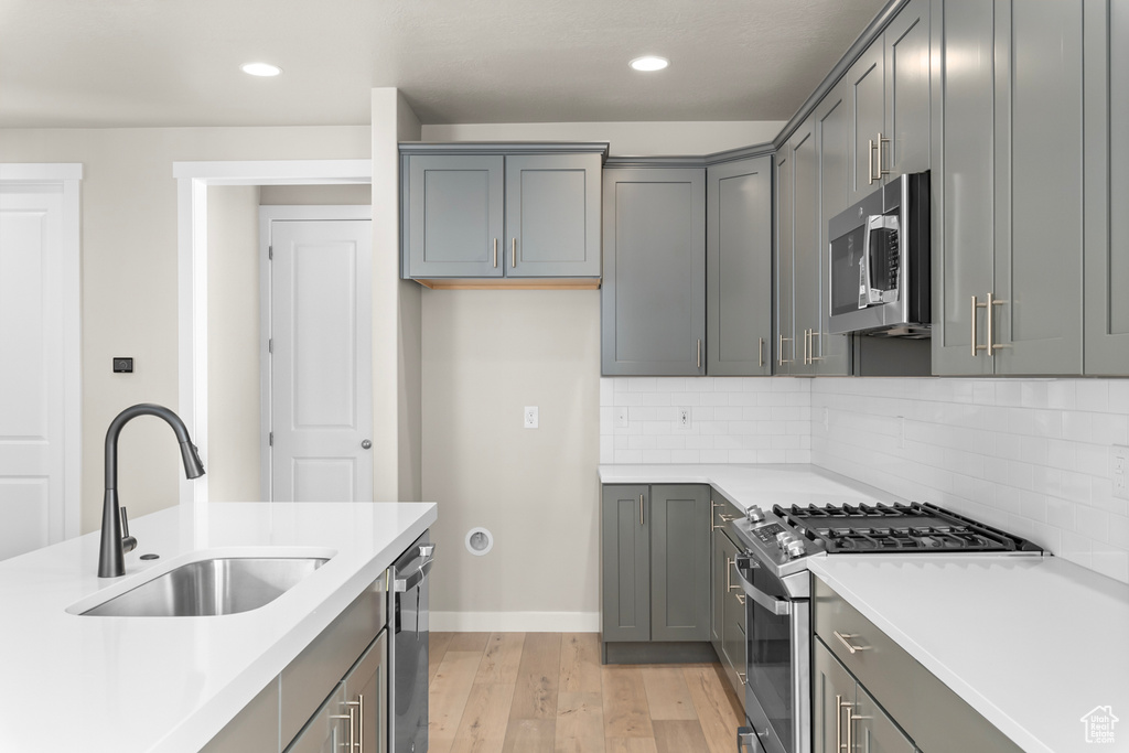 Kitchen featuring light wood-type flooring, gray cabinets, backsplash, stainless steel appliances, and sink
