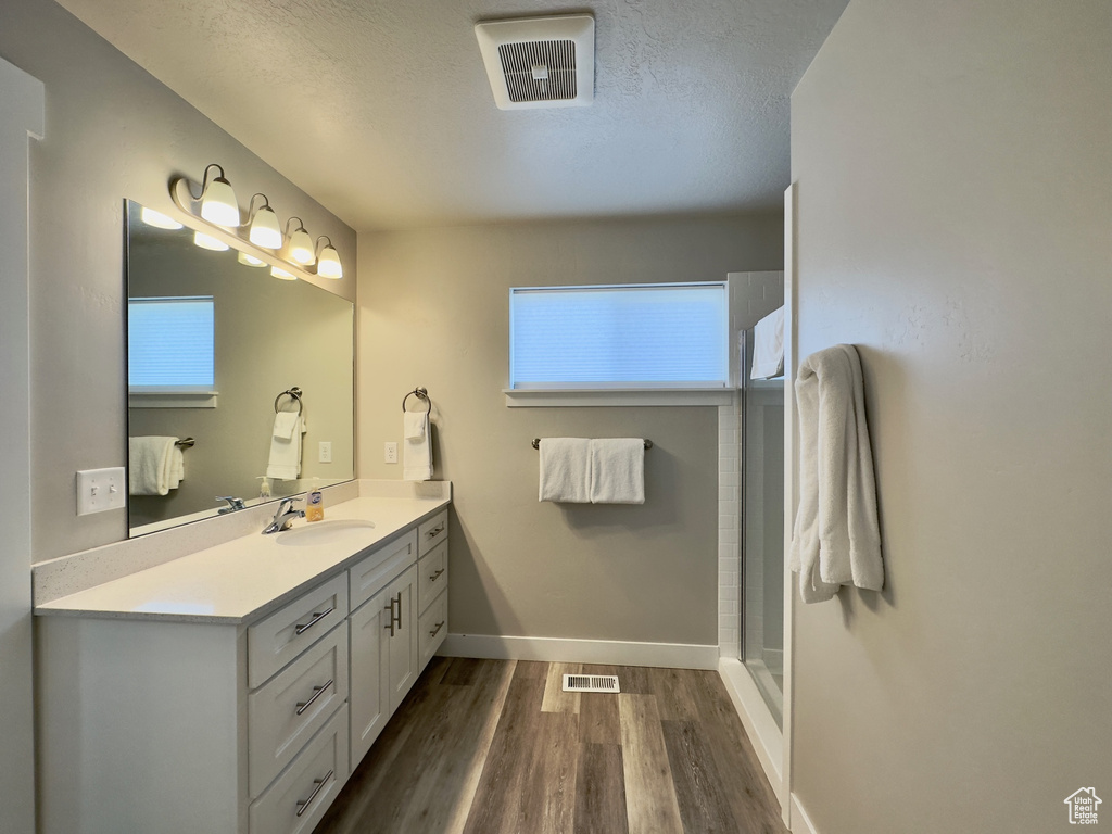 Bathroom with a healthy amount of sunlight, vanity, hardwood / wood-style flooring, and a textured ceiling