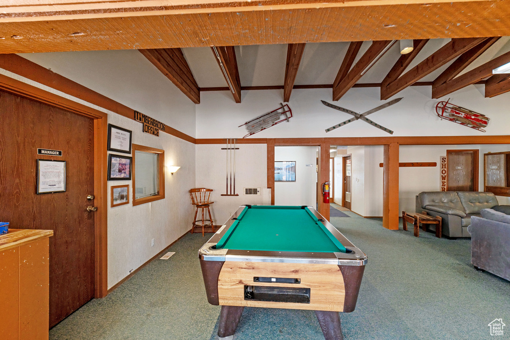 Game room with beam ceiling, high vaulted ceiling, carpet floors, and billiards