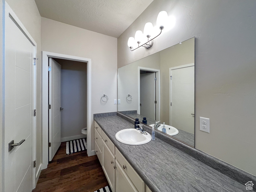 Bathroom with toilet, hardwood / wood-style flooring, large vanity, and a textured ceiling