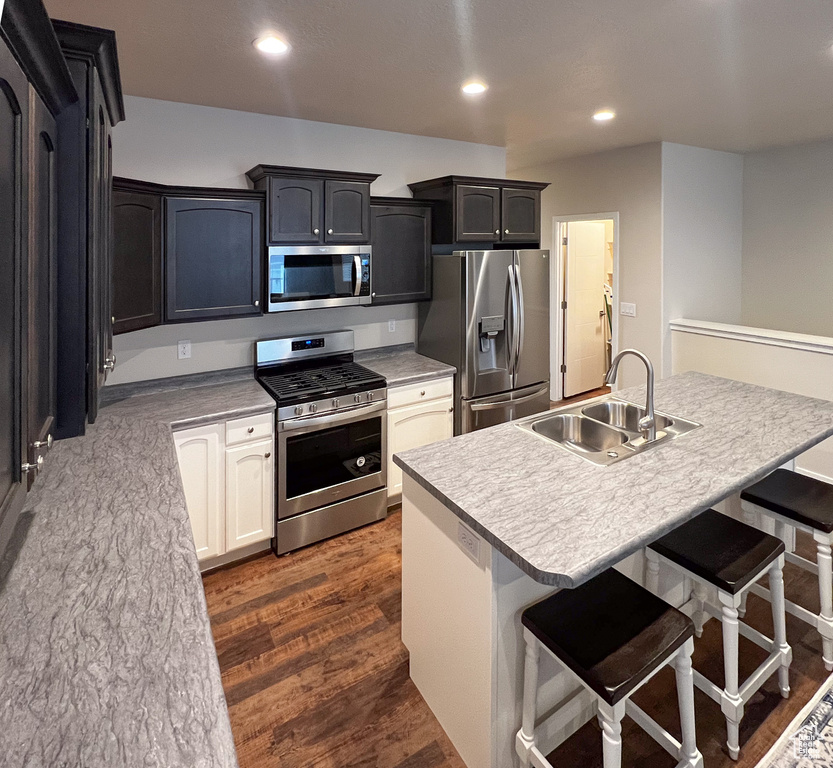 Kitchen with a kitchen breakfast bar, dark hardwood / wood-style floors, stainless steel appliances, sink, and an island with sink