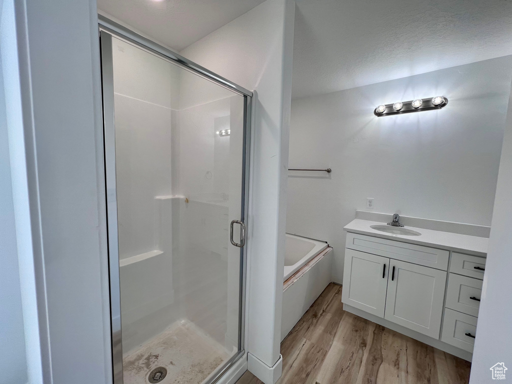 Bathroom featuring vanity, hardwood / wood-style flooring, and plus walk in shower