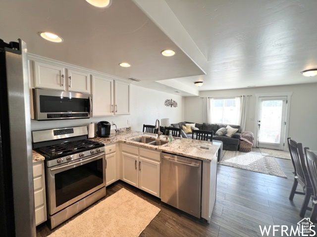 Kitchen with dark hardwood / wood-style flooring, white cabinetry, kitchen peninsula, appliances with stainless steel finishes, and sink