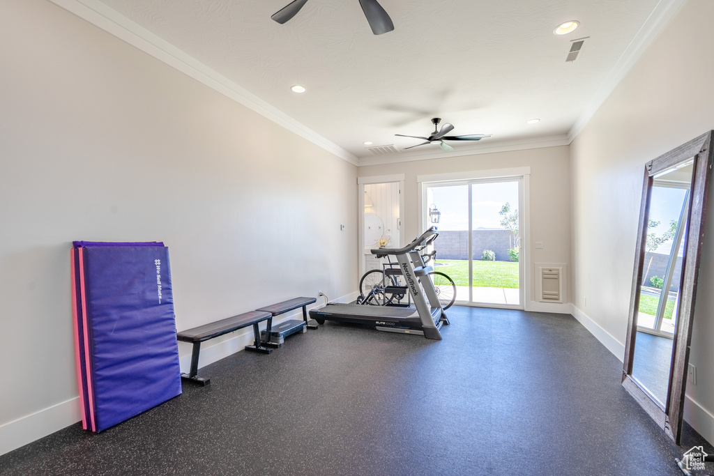 Exercise area featuring crown molding and ceiling fan