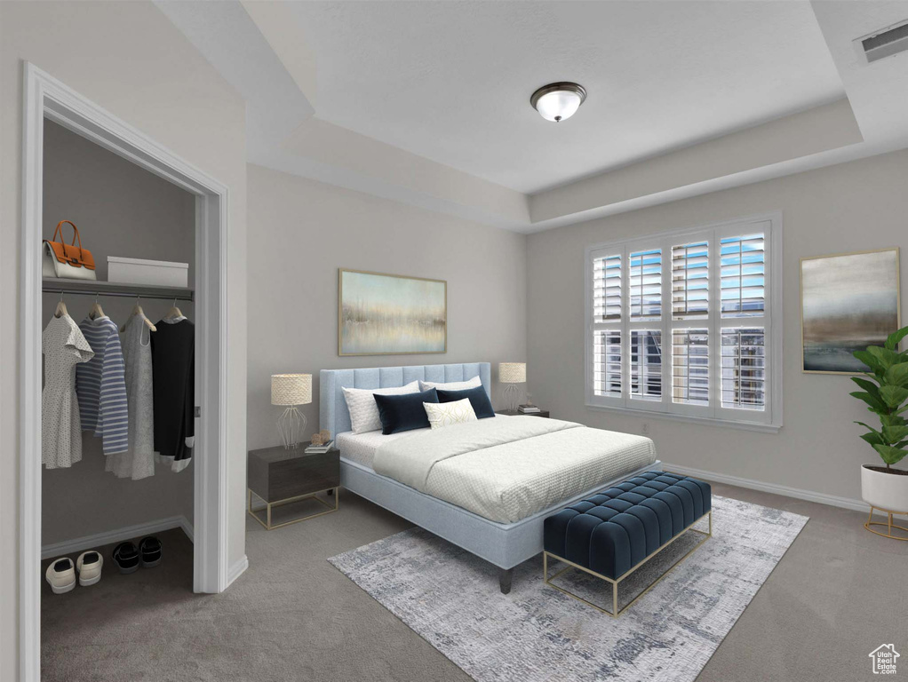 Carpeted bedroom with a closet and a raised ceiling
